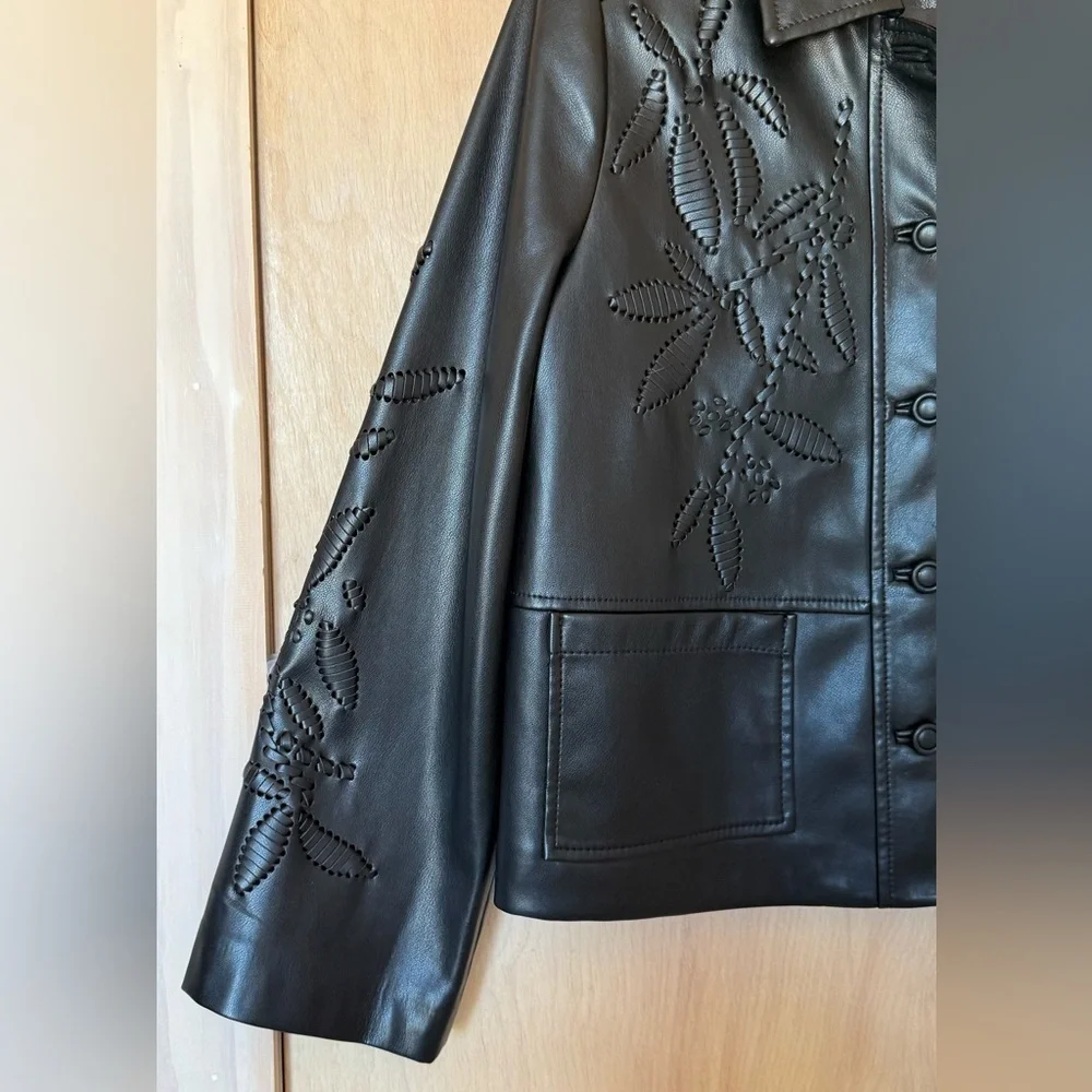 Chico’s Faux Leather Cropped Jacket Black Cutwork Detail Women’s S (US 6)